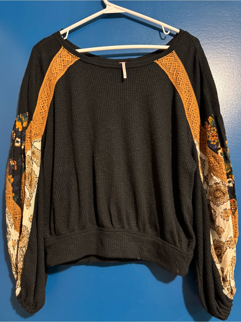 Free People Black Waffle Knit Top with Mustard and Cream Floral Sleeves